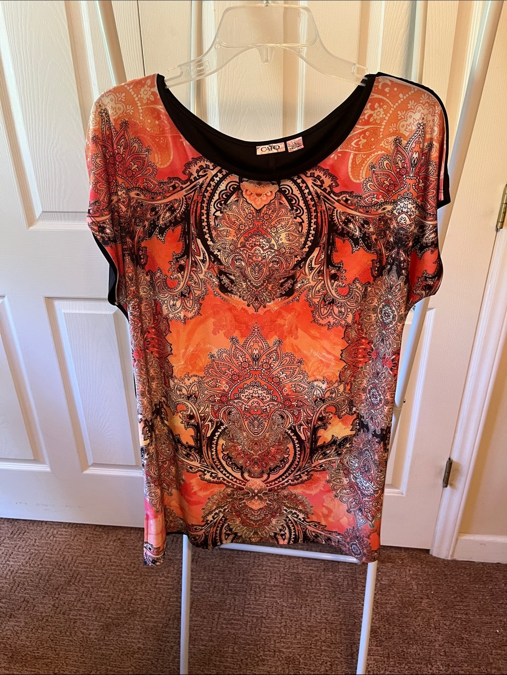 Cato Orange Paisley Print Tunic with Black Trim PTP 25” L 31” W/ side slits